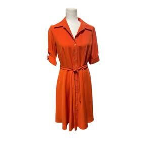 NWT Sharagano Orange 3/4 Sleeve Collared Pockets Belted Shirt Dress Size 4